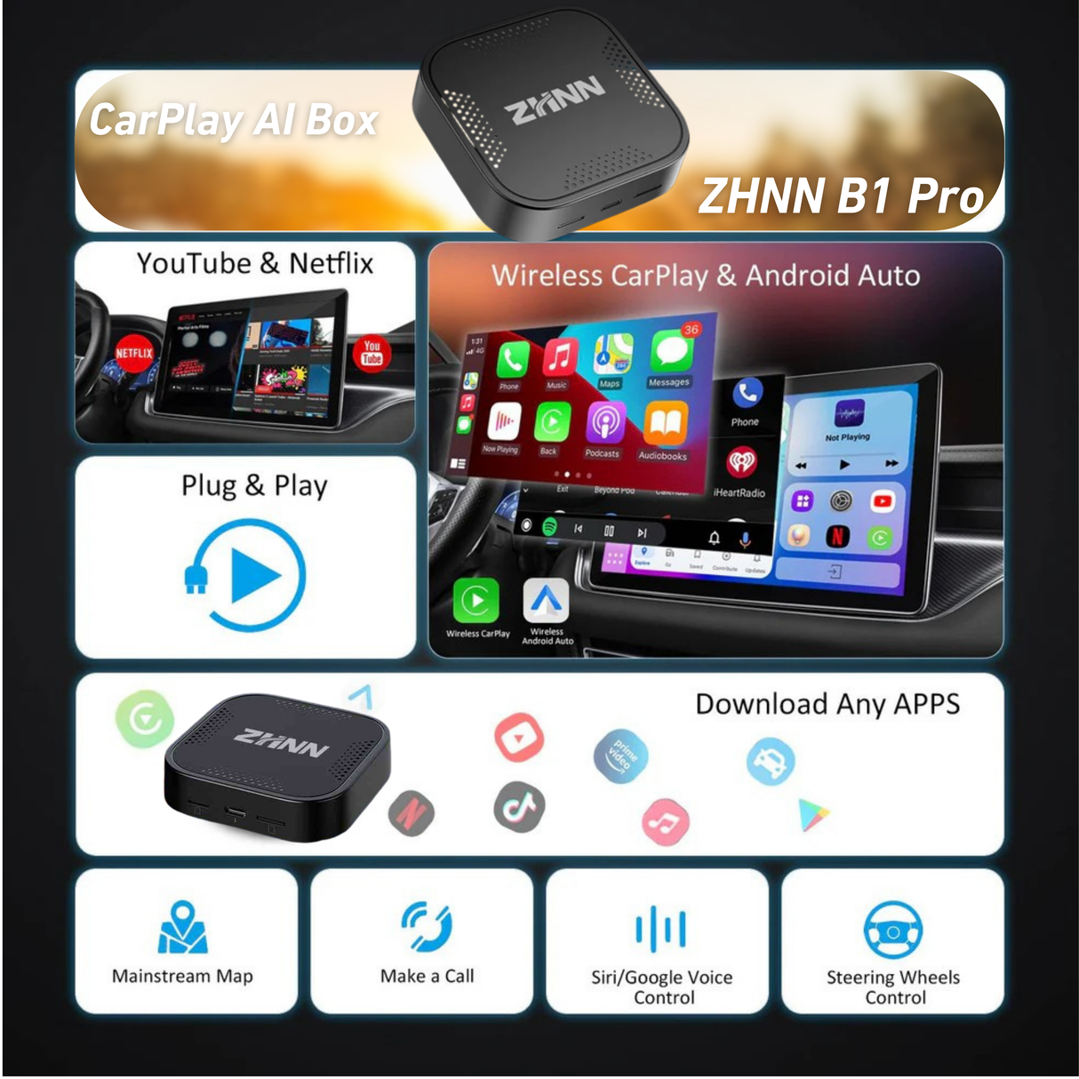 ZHNN B1 CarPlay AI Box for Cars with Wired Carplay/Android Auto
