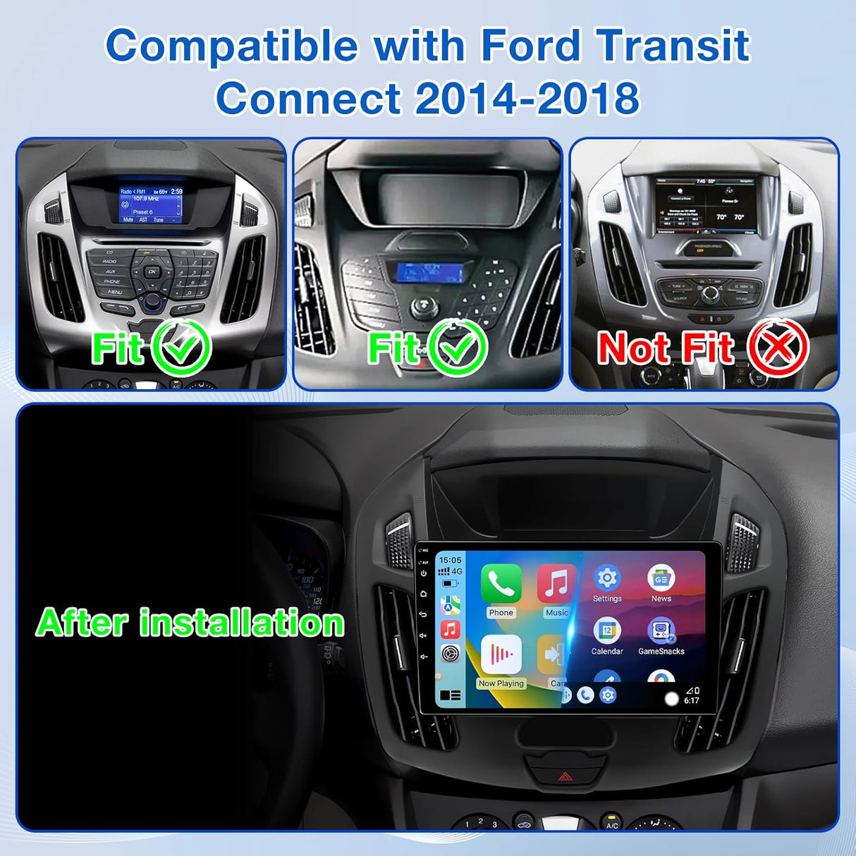 ZHNN 2+64GB Car Radio Stereo Compatible with Ford Transit Connect 2014-2018, 9 Inch Android 13 Touch Screen Car Radio with CarPlay/Android Auto, GPS FM WiFi Bluetooth Backup Camera