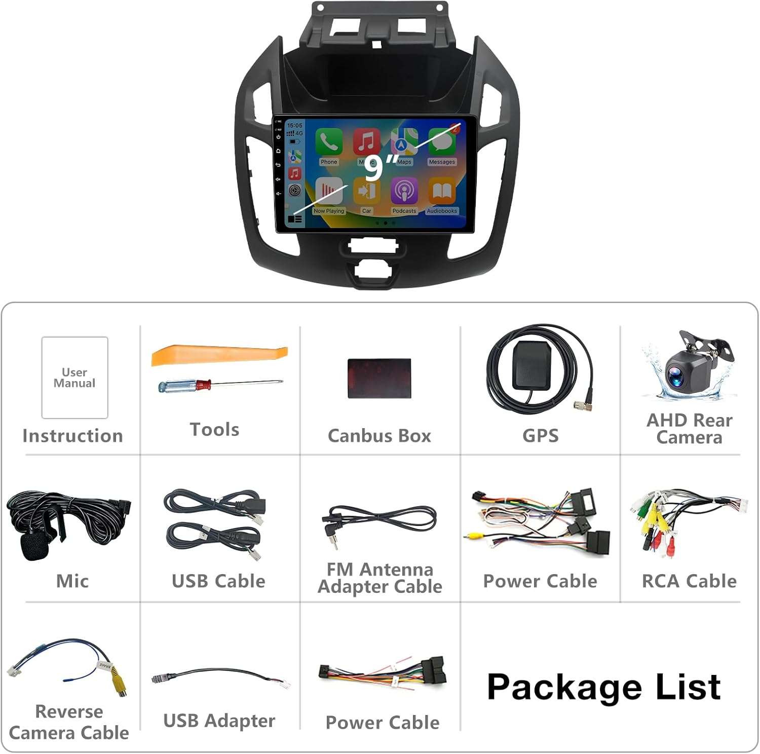 ZHNN 2+64GB Car Radio Stereo Compatible with Ford Transit Connect 2014-2018, 9 Inch Android 13 Touch Screen Car Radio with CarPlay/Android Auto, GPS FM WiFi Bluetooth Backup Camera