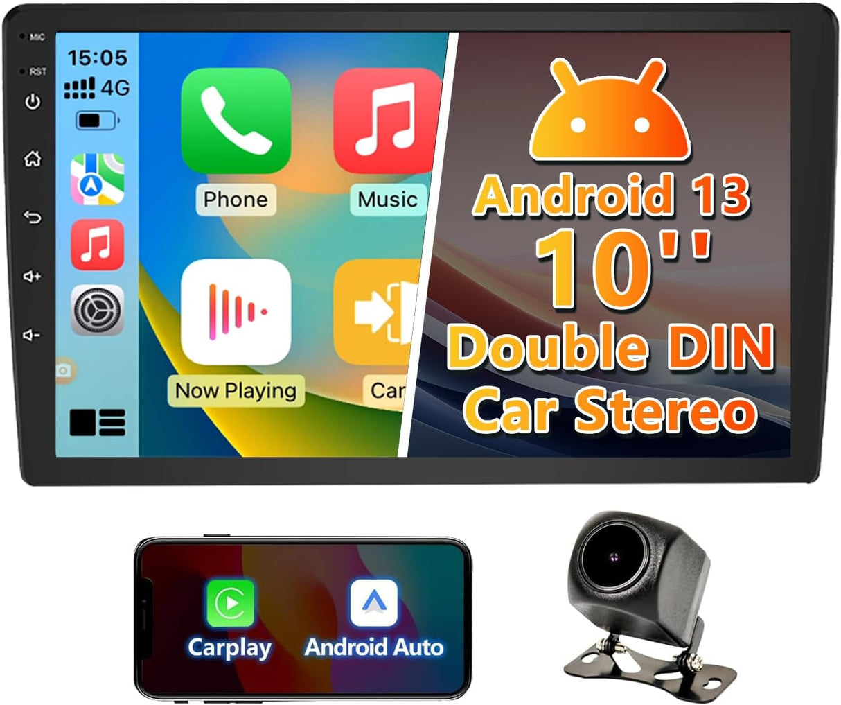 ZHNN Android 13 Double Din Car Stereo Radio, 10 Inch Car Head Unit Touch Screen Supports Wireless CarPlay& Android Auto/GPS Navigation/SWC/Backup Camera/Bluetooth FM Receiver