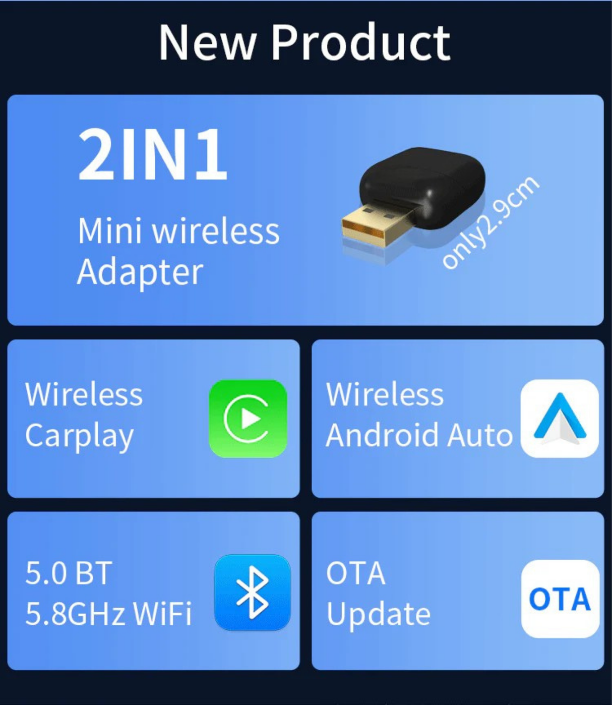 ZHNN Wireless Carplay Mini Adapter, 2 in 1 Wireless Car Play and Android Auto Adapter Convert Wired to Wireless, Plug and Play