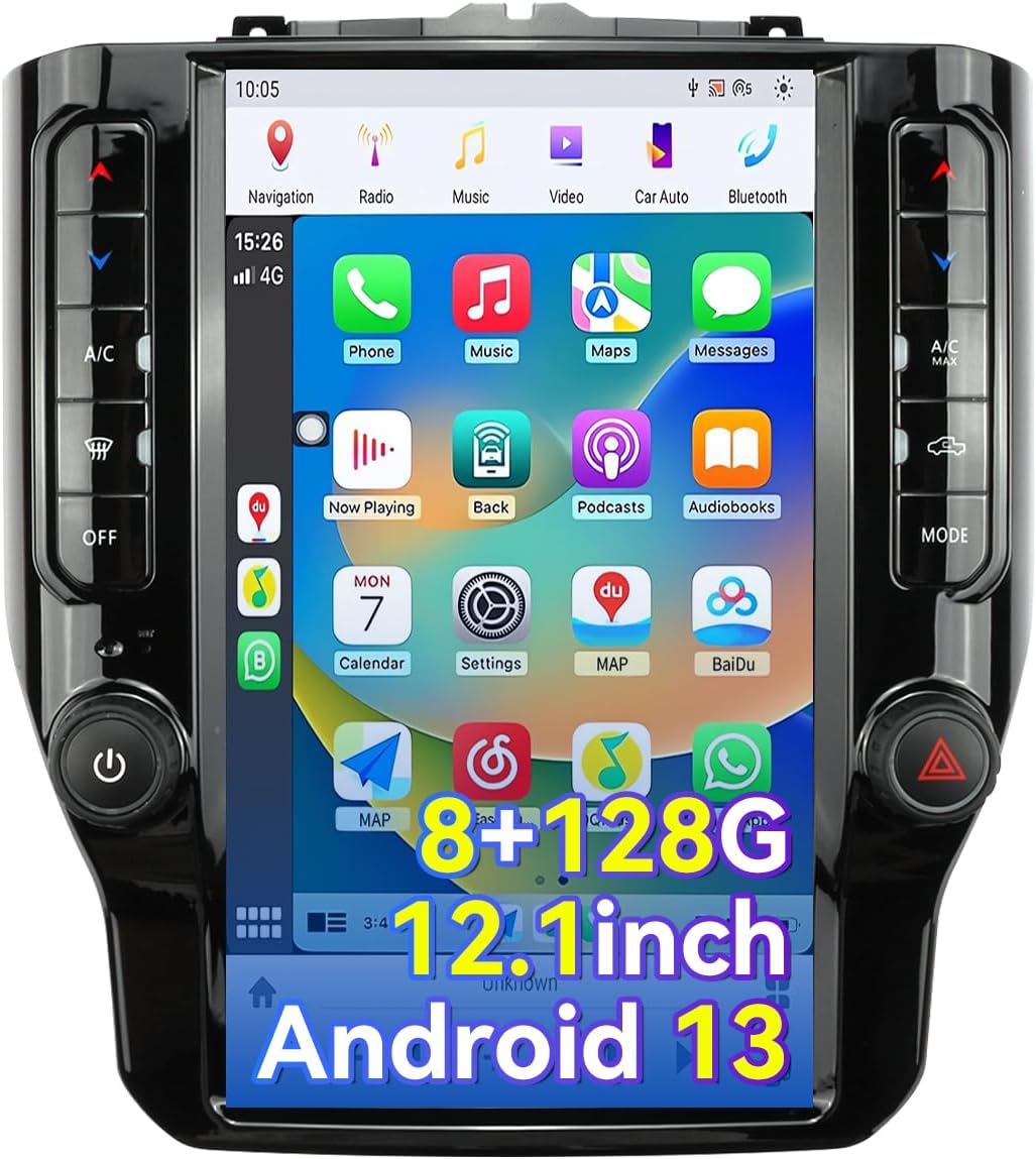 12.1 Inch Car Radio Compatible with Dodge RAM 1500/2500/3500, 2019-2024, Qualcomm 8+128GB T Style Touch Screen Car Stereo with Wireless Carplay/Android Auto/WiFi /4G LTE/GPS Navigation /BT5.0