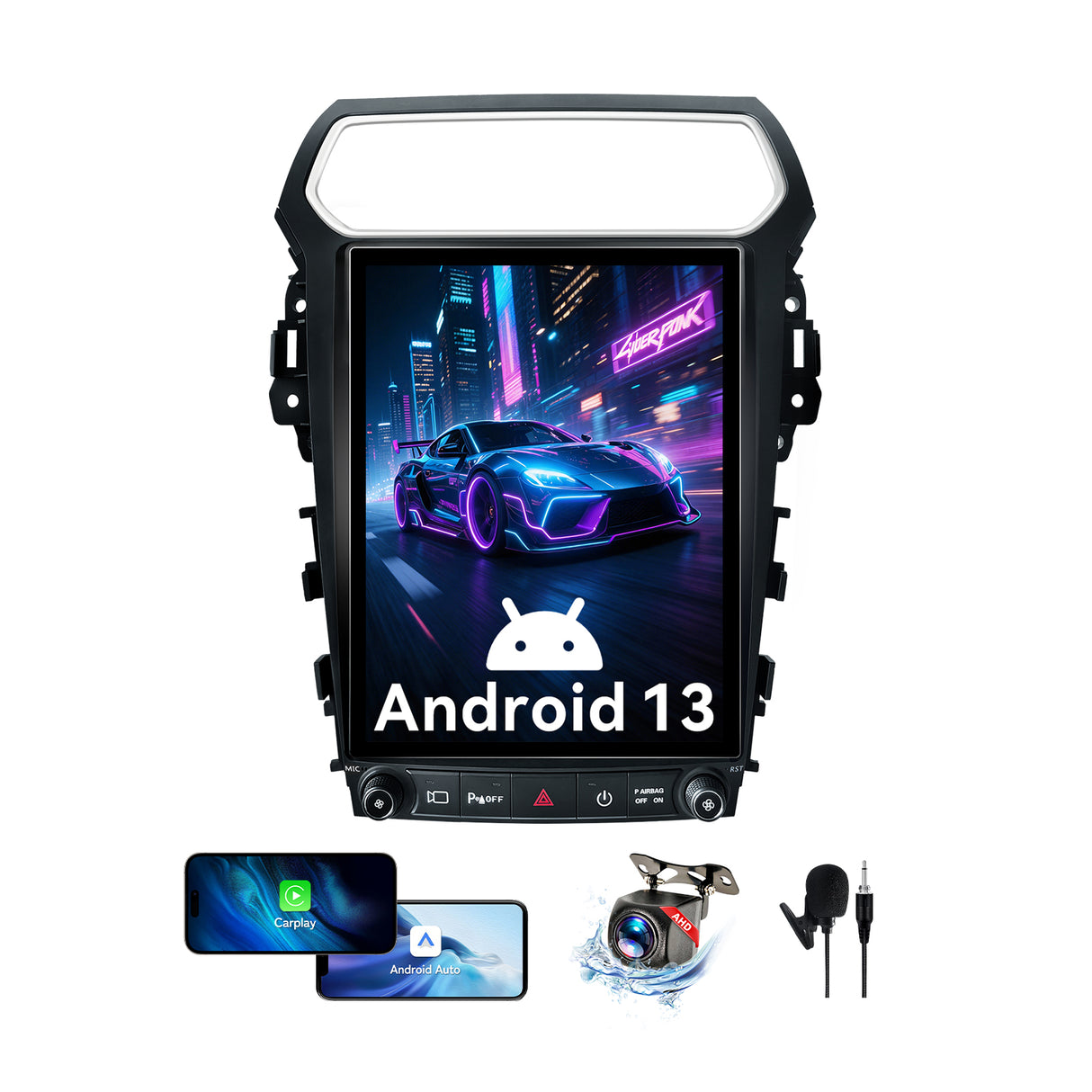 12.1 Inch Radio Upgrade for Ford Explorer 2011-2019 Explorer Stereo T-Style Vertical Touch Screen Android 13 Head Unit Wireless Carplay Andriod Auto GPS SWC 1080P Backup Camera 4+64G