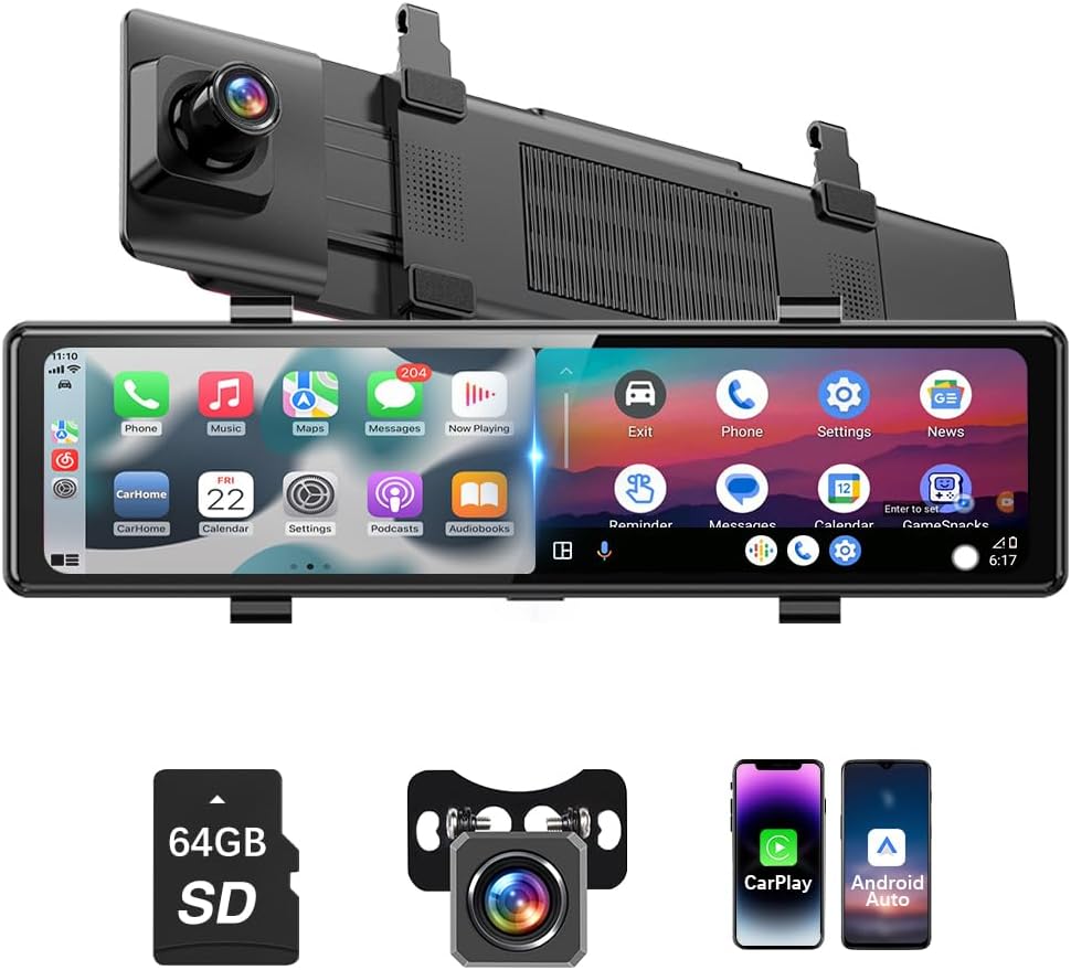 11.26 Inch Rear View Mirror Camera with Carplay/Android Auto. Split Screen/Voice Control/Loop Recording