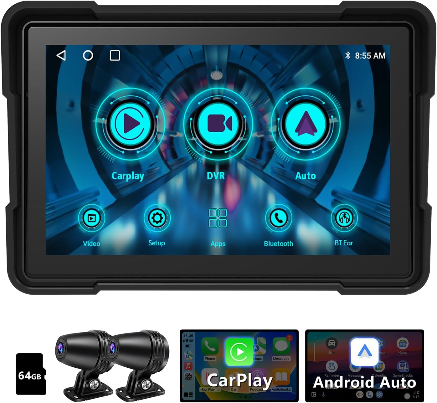 5 Inch Motorcycle Carplay/Android Auto Stereo, 64G, Dual Bluetooth.