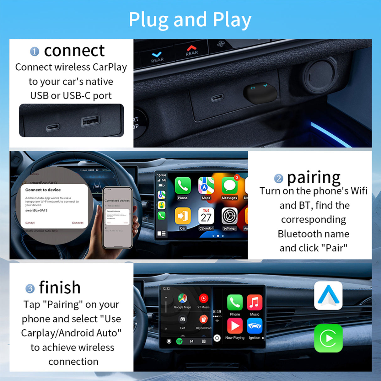 ZHNN Wireless Carplay Mini Adapter, 2 in 1 Wireless Car Play and Android Auto Adapter Convert Wired to Wireless, Plug and Play