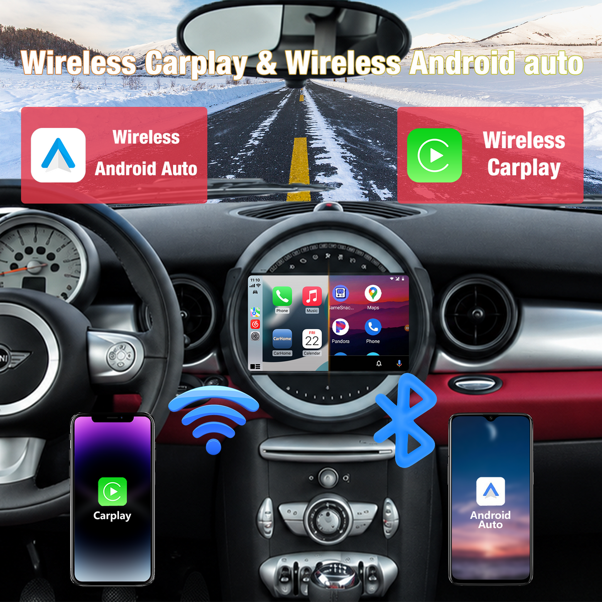 Car Radio for BMW Mini Cooper 2007-2014, 4GB+64GB Android Car Stereo, Wireless CarPlay & Android Auto, GPS Navigation, FM Radio, SWC, MirrorLink, Multimedia Player with Backup Camera