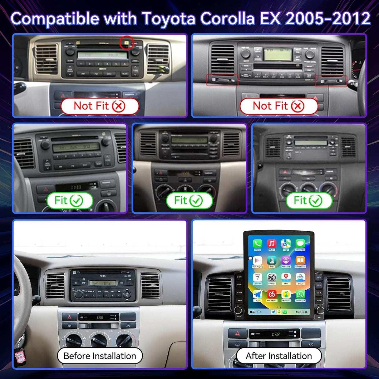 9.7 Inch Car Radio Compatible with Toyota Corolla 2005-2012 with Wireless Carplay/Android Auto, with GPS Navigation/FM Radio/SWC/Backup Camera