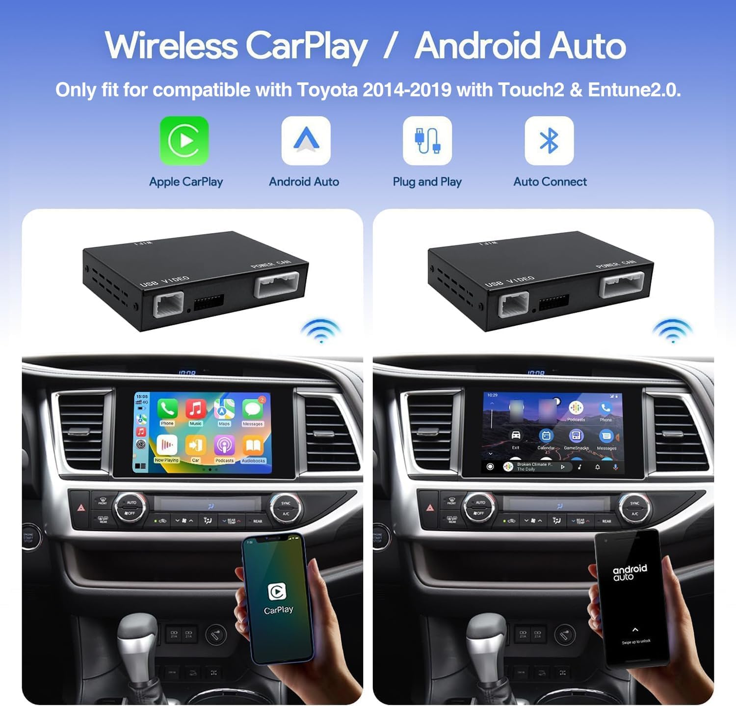 Wireless CarPlay/Android Auto Adapter for 2014-2019 Toyota with Entune2.0 &amp; Touch2 Retrofit Kit Decoder