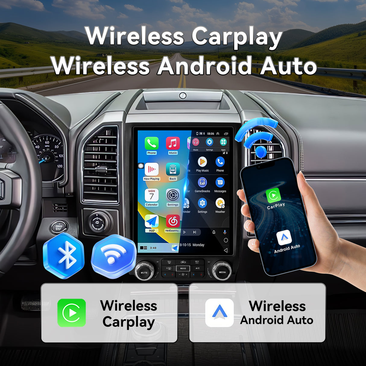 Car Radio for Ford Expedition Upgrade 2015 2016 2017 2018 Wireless Carplay Andriod Auto Android 13 12.1 Inch T-Style Touch Screen Head Unit 5Ghz WiFi GPS Navigation SWC