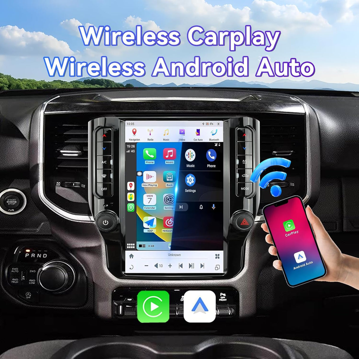 12.1 Inch Car Radio Compatible with Dodge RAM 1500/2500/3500, 2019-2024, Qualcomm 8+128GB T Style Touch Screen Car Stereo with Wireless Carplay/Android Auto/WiFi /4G LTE/GPS Navigation /BT5.0