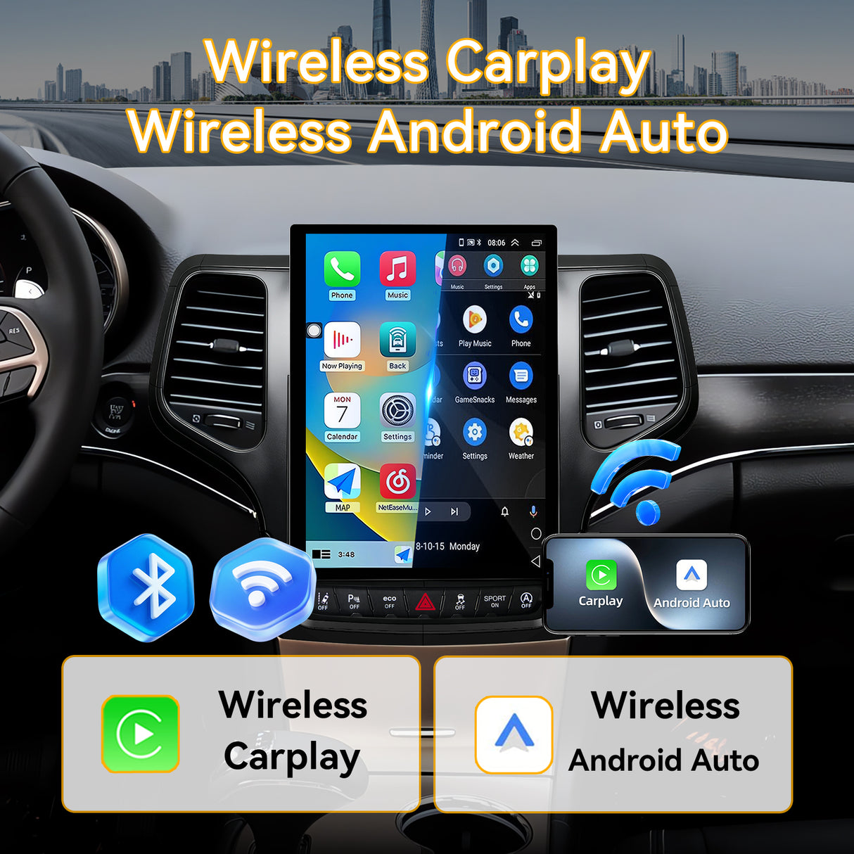 Car Stereo Radio 8-Core Qualcomm CPU, with Android Auto Wireless Carplay for Jeep Grand Cherokee 2014-2021 Upgrade 2K Touchscreen Bluetooth WiFi GPS DSP AM FM Head Unit