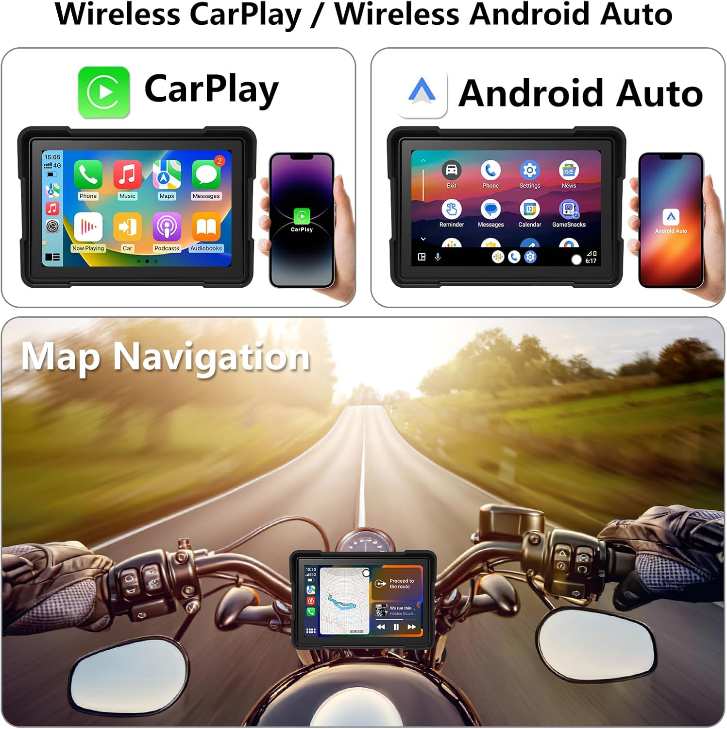 5 Inch Motorcycle Carplay/Android Auto Stereo, 64G, Dual Bluetooth.