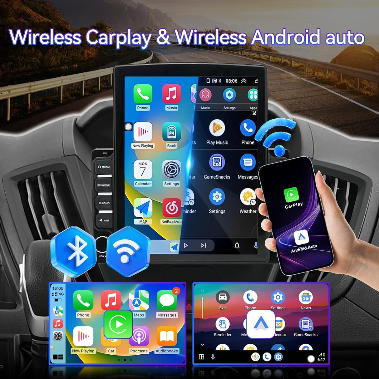 9.7 Inch Car Radio Compatible with Ford Transit 2015-2018, 4+64G Android 13 Car Stereo with Wireless CarPlay Android Auto/Mirrorlink/GPS Navigation/Backup