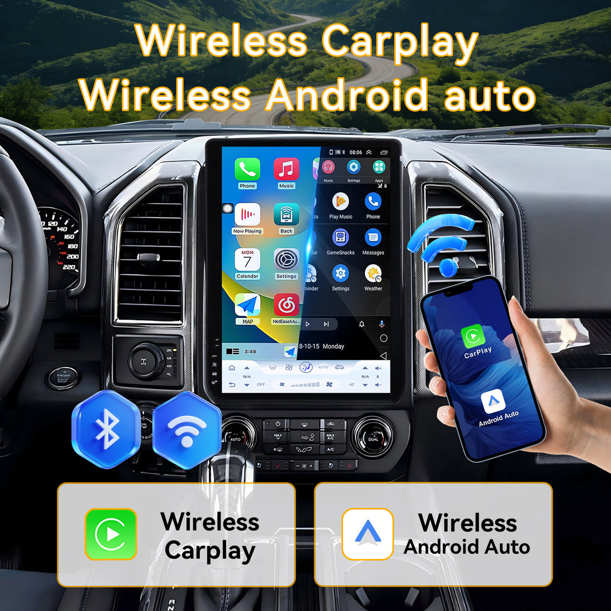 Car Stereo Radio 8-Core Qualcomm CPU, with Android Auto Wireless Carplay for Ford F150 2015-2020 Upgrade 2K Touchscreen Bluetooth WiFi GPS DSP AM FM Head Unit