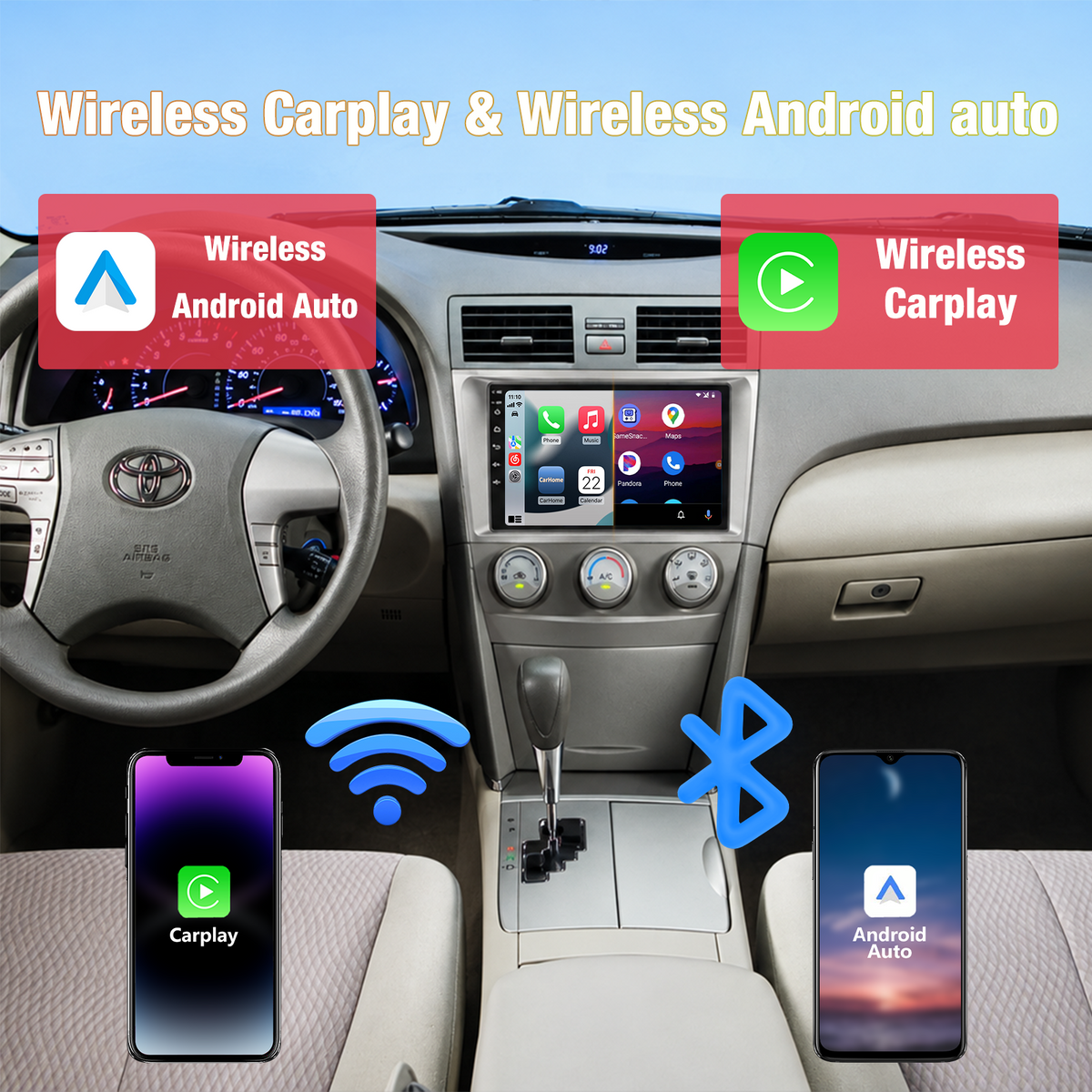 Head Unit Stereo for Toyota Camry (06-11) Wireless CarPlay & Android Auto Quick Boot, Screen Casting, Anti-Glare QLED Display. AM/FM Radio Receiver, Plug & Play Dash Harness Included.