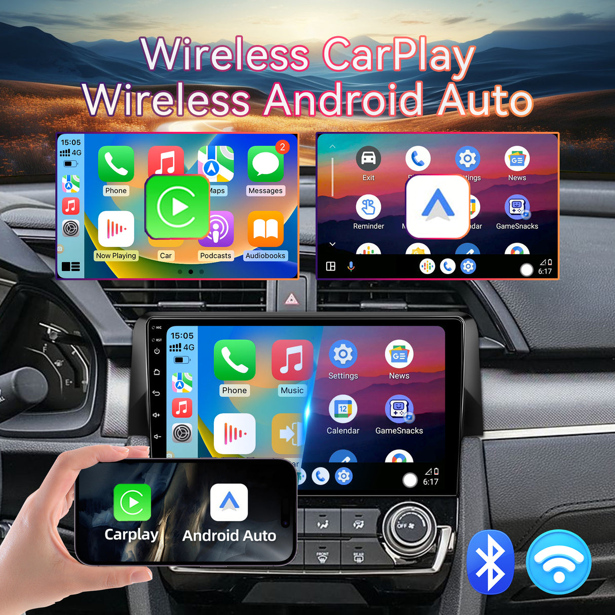 9'' Car Radio for Honda Civic 2016-2020 with Wireless CarPlay & Android Auto, 2G+64GB Android 13 Head Unit GPS Navigation, Plug & Play Car Stereo Upgrade, Voice Control, 4G LTE/5G WiFi