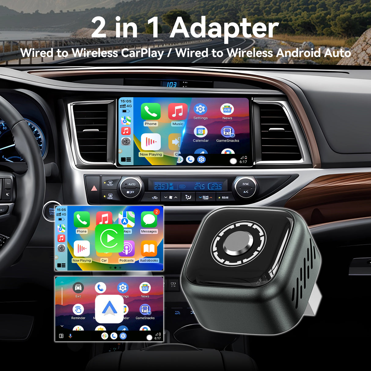2 in 1 Wireless Car Play and Android Auto Adapter Plug and Play, Convert Wired to Wireless, One Button to Switch Devices