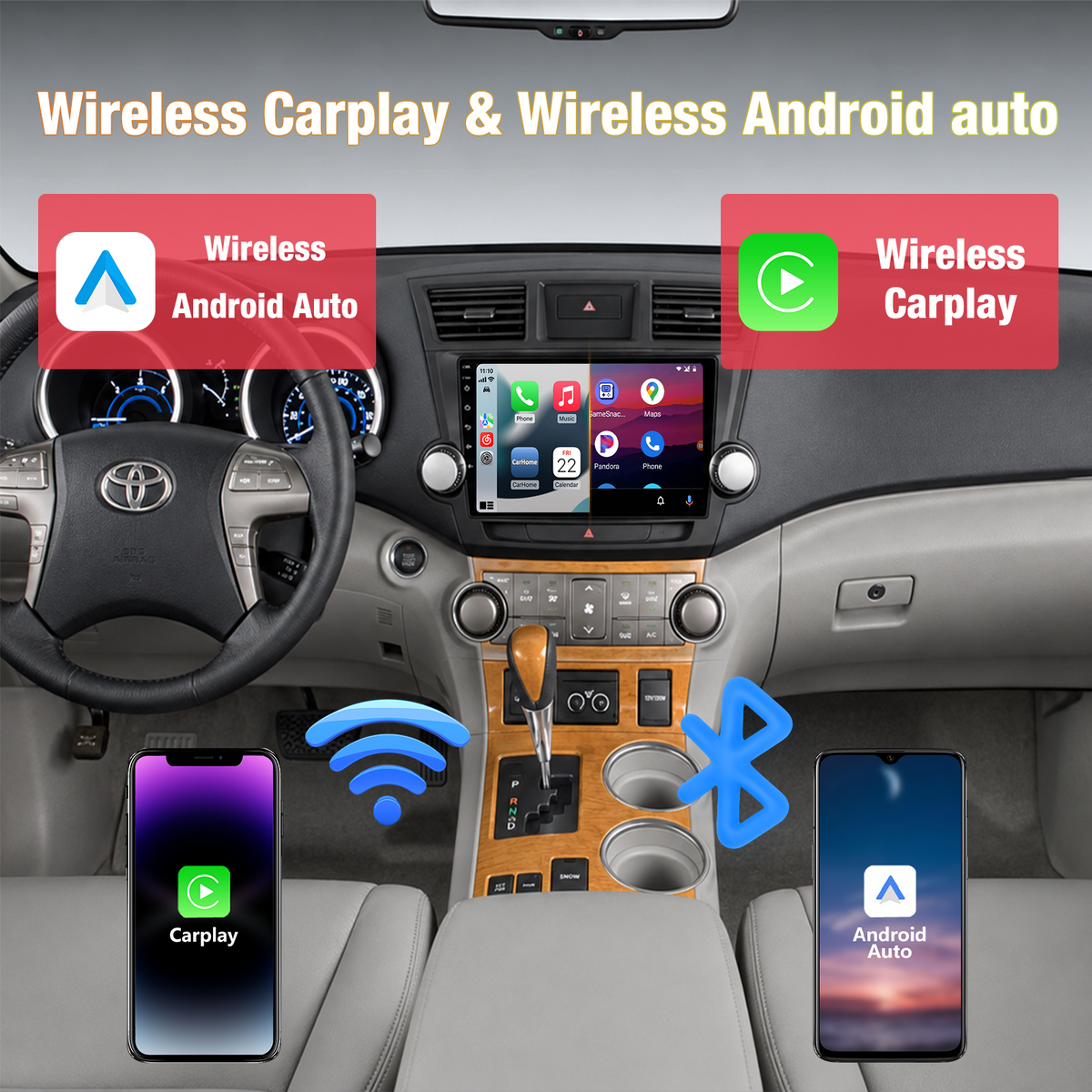 10 Inch QLED Touch Screen Car Stereo for Toyota Highlander 2008-2013, Head Unit with Wireless CarPlay & Android Auto, WiFi, GPS Navigation, Bluetooth 5.0, FM AM Radio