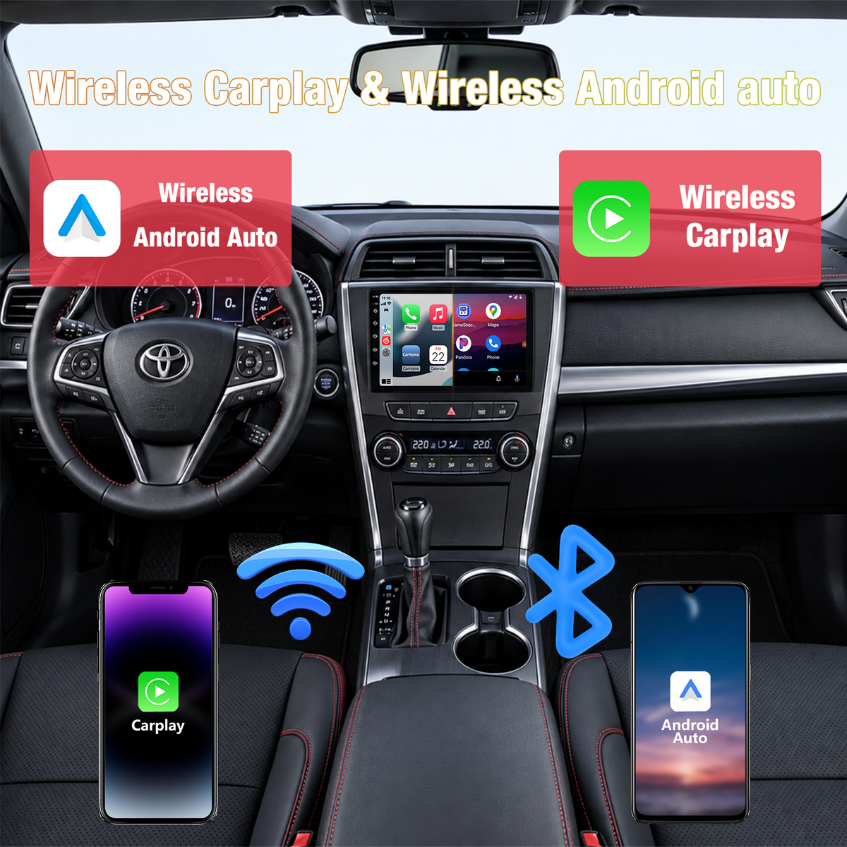 Android Touchscreen Car Stereo for Toyota Camry 2015-2017, Wireless CarPlay & Android Auto, GPS Navigation, WiFi, FM Radio, SWC, Bluetooth, with 1080P Backup Camera