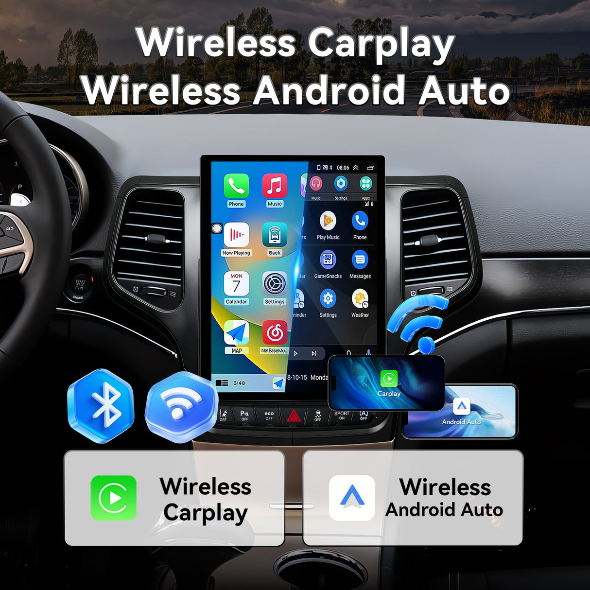 12.1" T-Style Car Radio for Grand Cherokee 2014-2021 8Core Head Unit 4GB+64GB with CarPlay/Android Auto Touch Screen with 1080P Backup Camera Stereo Upgrade with FM/AM, GPS, Bluetooth WiFi