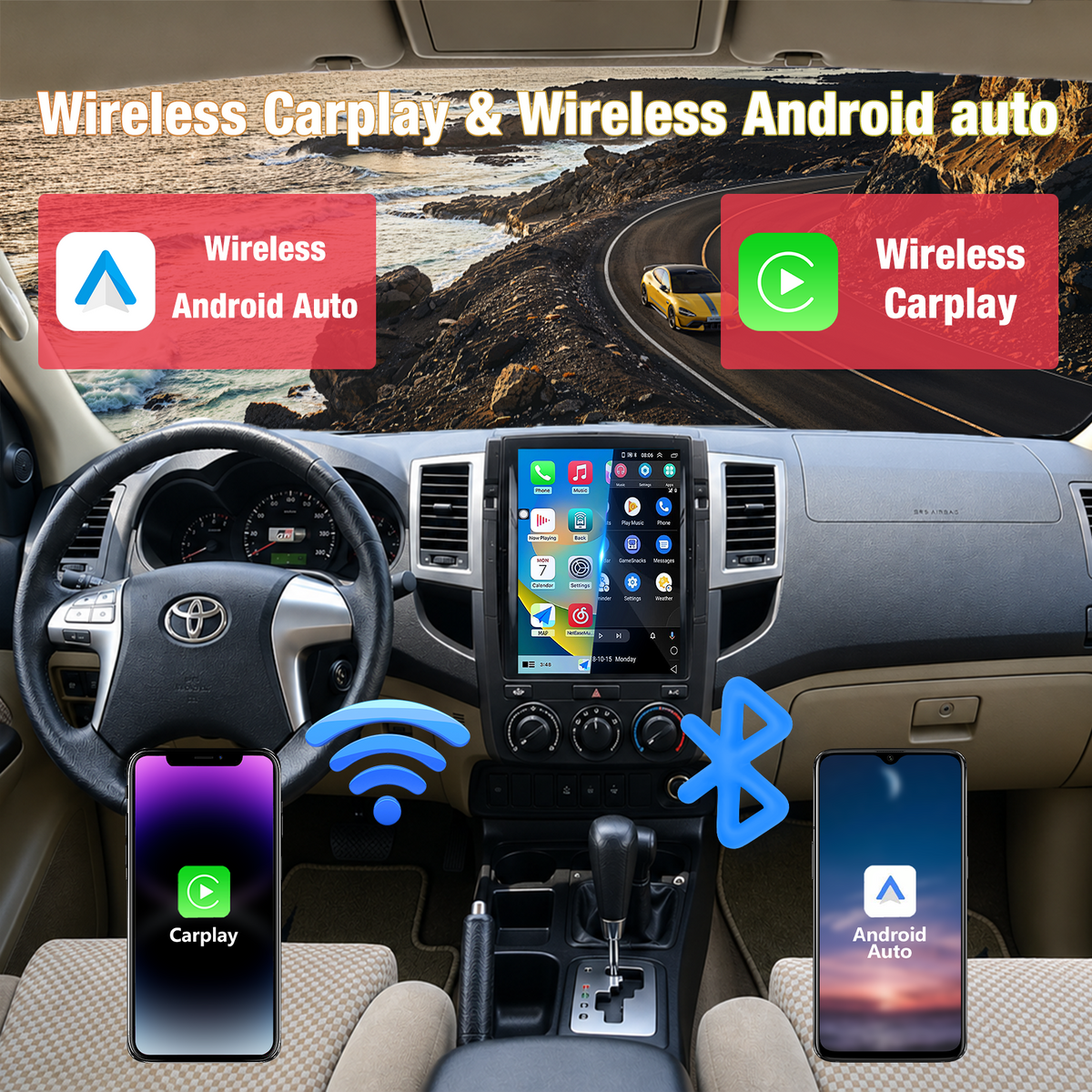 Android Car Radio for Toyota Fortuner 2018-2020, Wireless Apple CarPlay & Android Auto Head Unit, 8GB RAM +128GB ROM, Built-in GPS Navigation