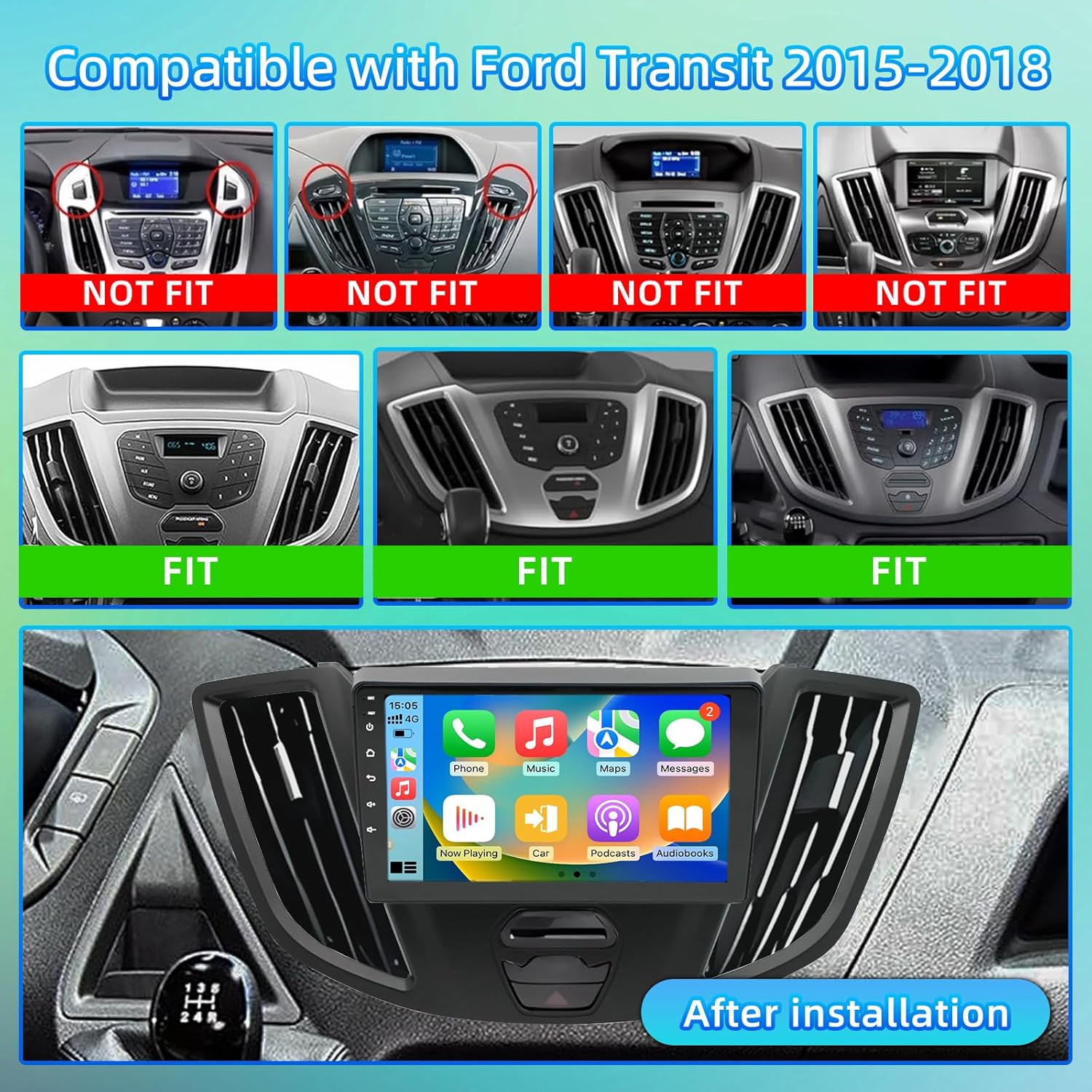 Android 13 Car Stereo for Ford Transit 2015-2018, 9 Inch Touch Screen with Wireless CarPlay/Android Auto/Mirrorlink/GPS Navigation/Backup Camera/FM