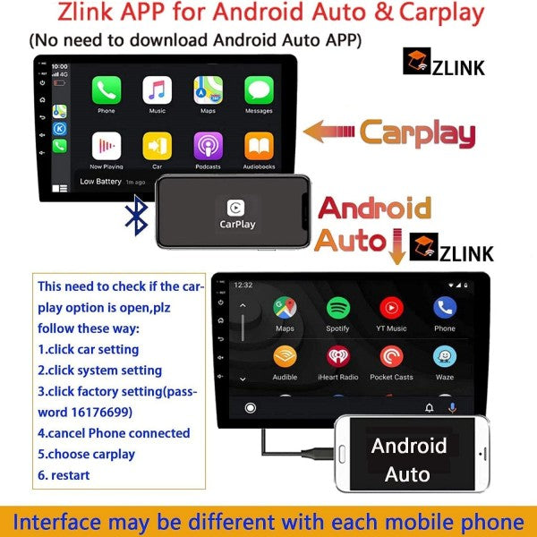 ZHNN 10.1 Inch Double Din Touch Screen Android 10 Carplay Radio
