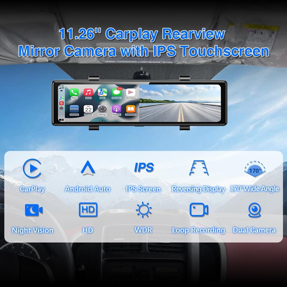 11.26 Inch Rear View Mirror Camera with Carplay/Android Auto. Split Screen/Voice Control/Loop Recording