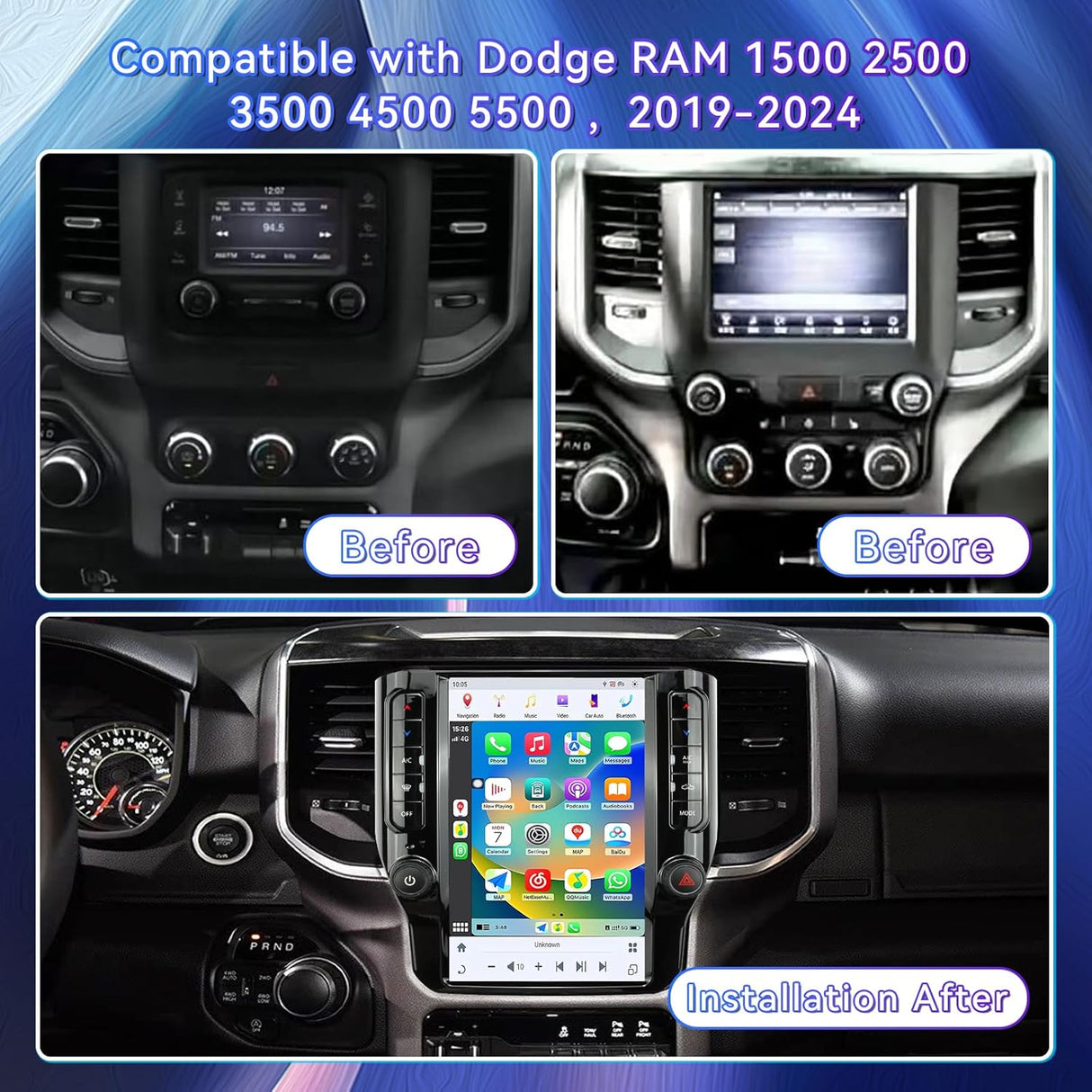 12.1 Inch Car Radio Compatible with Dodge RAM 1500/2500/3500, 2019-2024, Qualcomm 8+128GB T Style Touch Screen Car Stereo with Wireless Carplay/Android Auto/WiFi /4G LTE/GPS Navigation /BT5.0