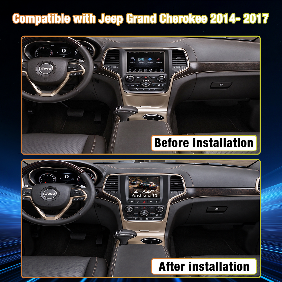 Car Stereo for Jeep Grand Cherokee 2014-2017: Android Touchscreen Radio Upgrade, Wireless CarPlay & Android Auto, 5G WiFi, BT5.0, GPS Navigation + Backup Camera