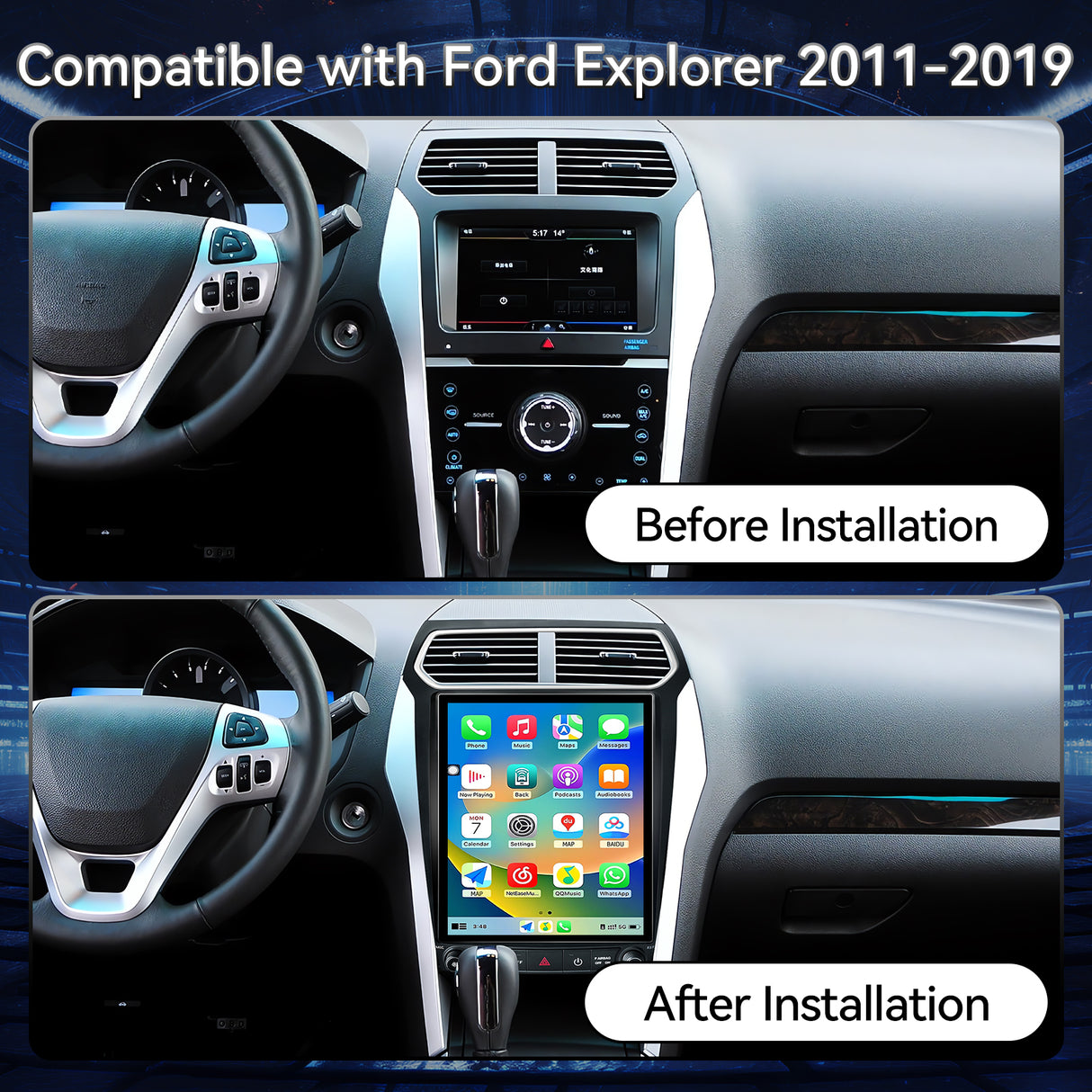 12.1 Inch Radio Upgrade for Ford Explorer 2011-2019 Explorer Stereo T-Style Vertical Touch Screen Android 13 Head Unit Wireless Carplay Andriod Auto GPS SWC 1080P Backup Camera 4+64G