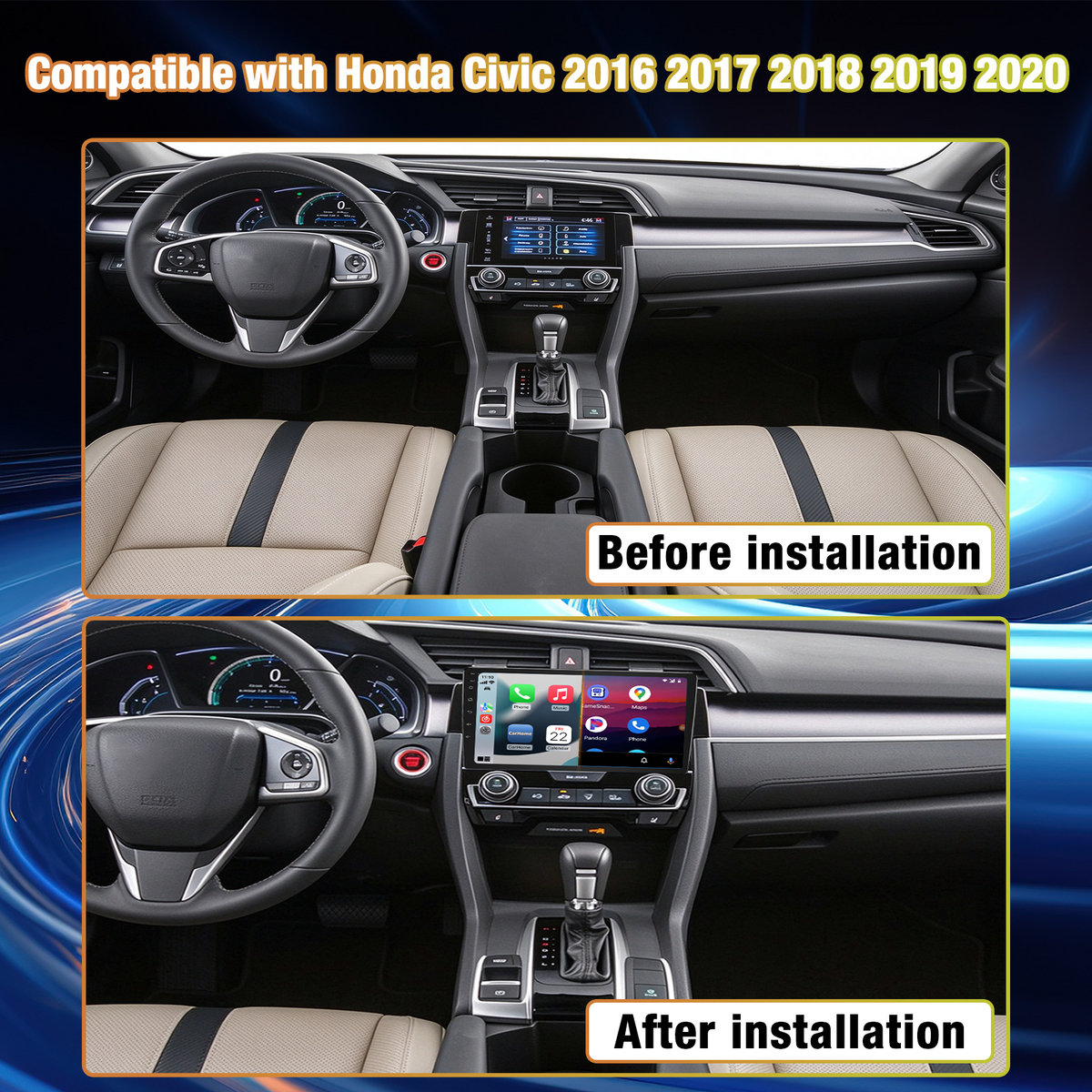 Android Car Radio for Honda Civic 2016-2020, 9 Inch Touchscreen Head Unit Upgrade, Wireless CarPlay & Android Auto, Bluetooth, FM RDS Radio, WiFi, GPS Navigation, SWC, AHD Rear View Camera