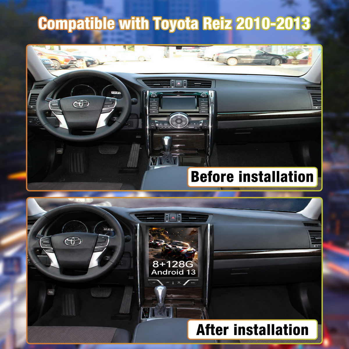 Tesla Style Touch Screen Car Radio for Toyota Reiz 2010-2013 | Wireless CarPlay & Android Auto, GPS Navigation, DSP, Bluetooth, Optical Audio, FM, 4G LTE, WiFi, 8GB+128GB, 12.1 Inch