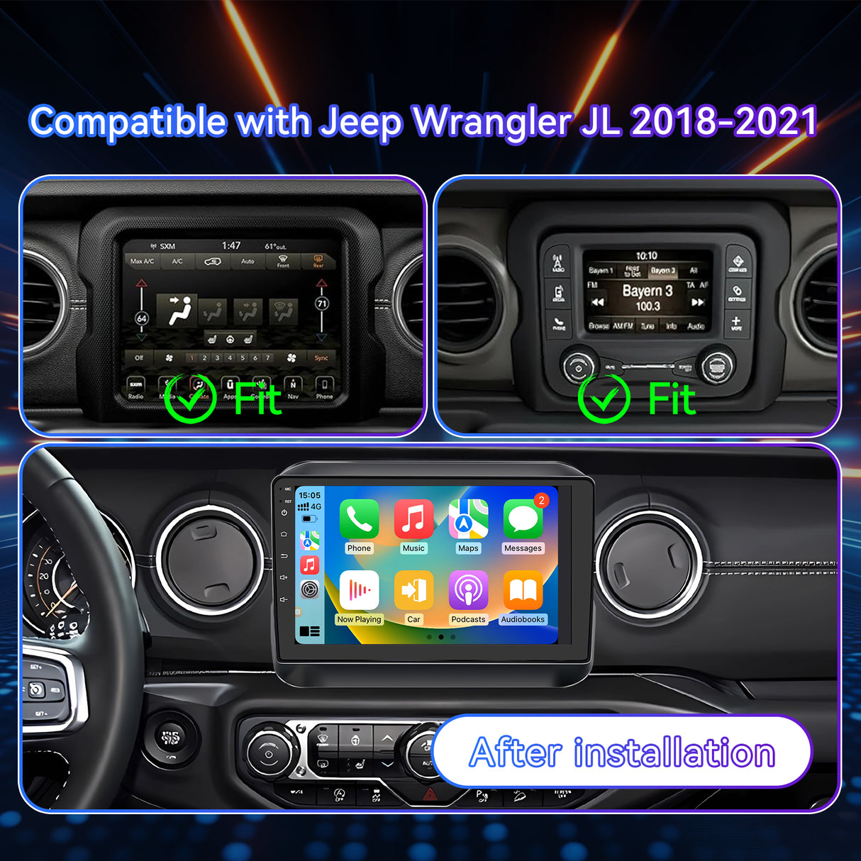 Android 13 Car Radio Stereo Compatible with Jeep Wrangler JL 2018-2021/Gladiator JT 2020 2021, 9 Inch Car Radio with CarPlay &Android Auto GPS Navigation SWC Backup Camera (2G+64G)