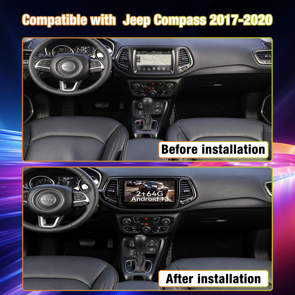 Car Stereo Head Unit for Jeep Compass 2017-2020, 10 Inch Android 13 Touch Screen Radio, Wireless CarPlay & Android Auto, GPS Navigation, Mirror Link, HD Backup Camera