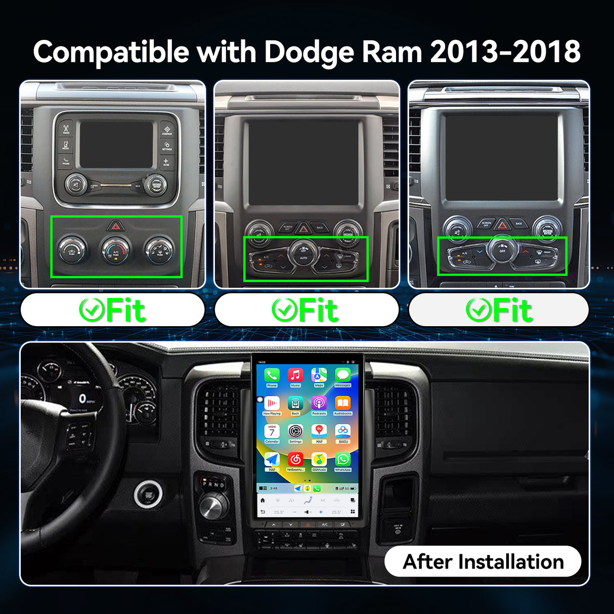 14.4 inch Car Stereo Radio 8-Core Qualcomm CPU, Android Auto Wireless Carplay for Dodge RAM 1500 2500 3500 2013-2018 Tesla Style Touch Screen Bluetooth WiFi GPS DSP AM FM Head Unit