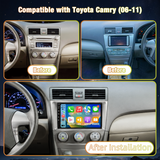 Head Unit Stereo for Toyota Camry (06-11) Wireless CarPlay & Android Auto Quick Boot, Screen Casting, Anti-Glare QLED Display. AM/FM Radio Receiver, Plug & Play Dash Harness Included.