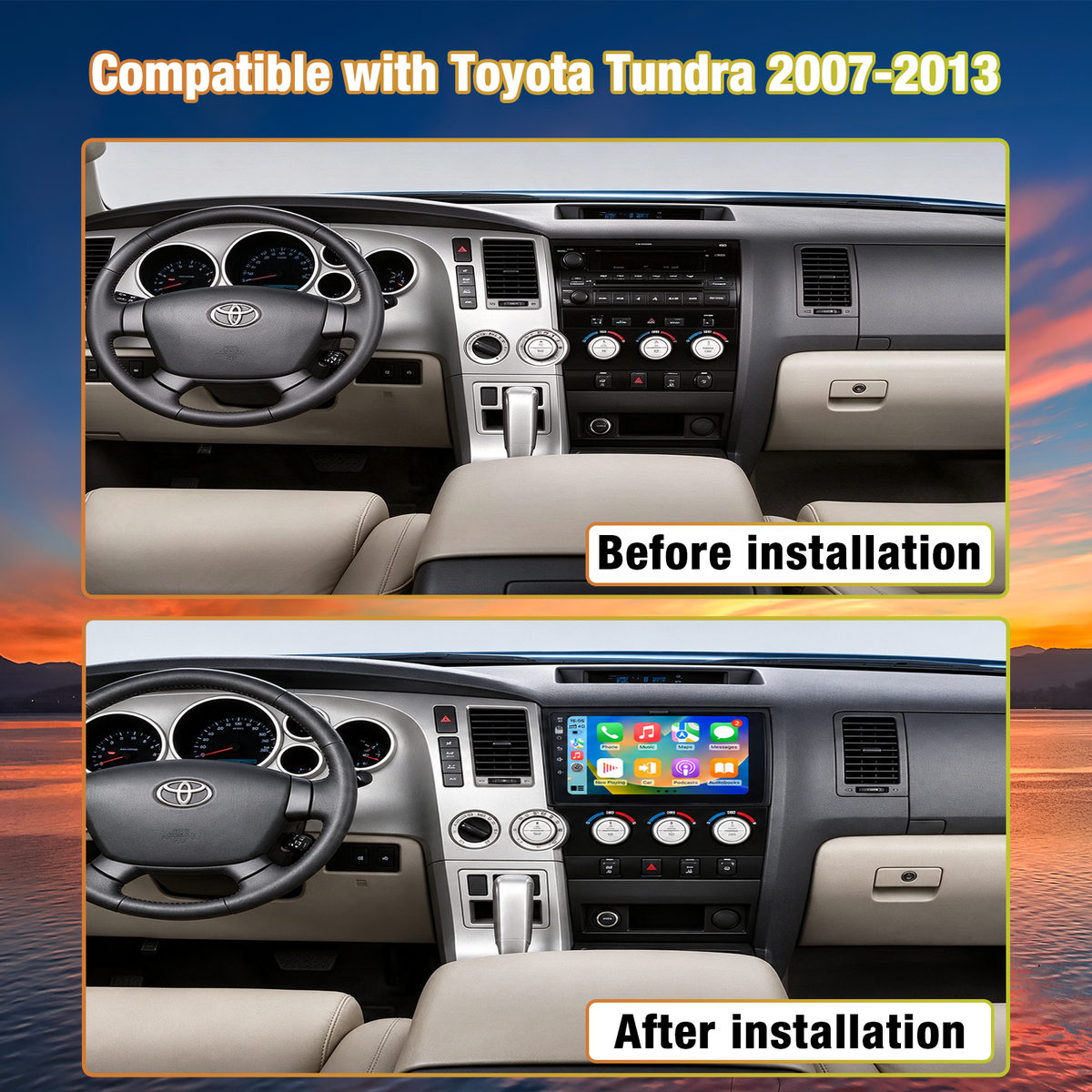 Car Stereo for Toyota Tundra 2007-2013 Supporting Wireless CarPlay & Android Auto, 10 Inch Touchscreen Toyota Tundra Head Unit Built-in Bluetooth, GPS Navigation and FM Radio