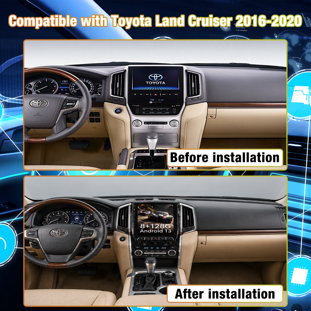 Android Car Stereo for Toyota Land Cruiser 2016-2020, 8-Core 8G+128G Touchscreen Head Unit, Wireless CarPlay & Android Auto, GPS Navigation, Bluetooth Audio, Built-in DSP Multimedia Player