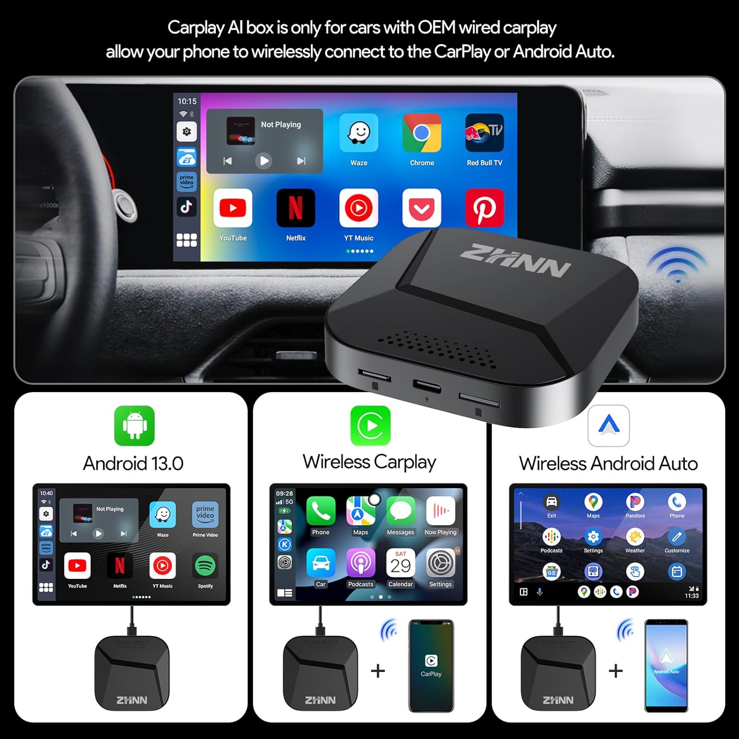 ZHNN CarPlay AI Box Y1P for OEM CarPlay/Android Auto Car Radio