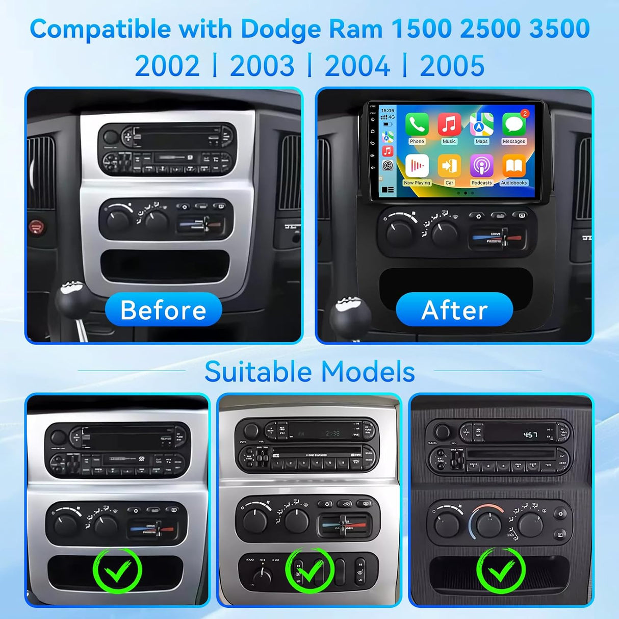 Android 13 Car Radio Compatible with Dodge Ram Radio 1500/2500/3500 2002 2003 2004 2005, 9 Inch 2+64G Car Stereo with Wireless CarPlay Android Auto, Bluetooth, WiFi, GPS, SWC, Backup Camera