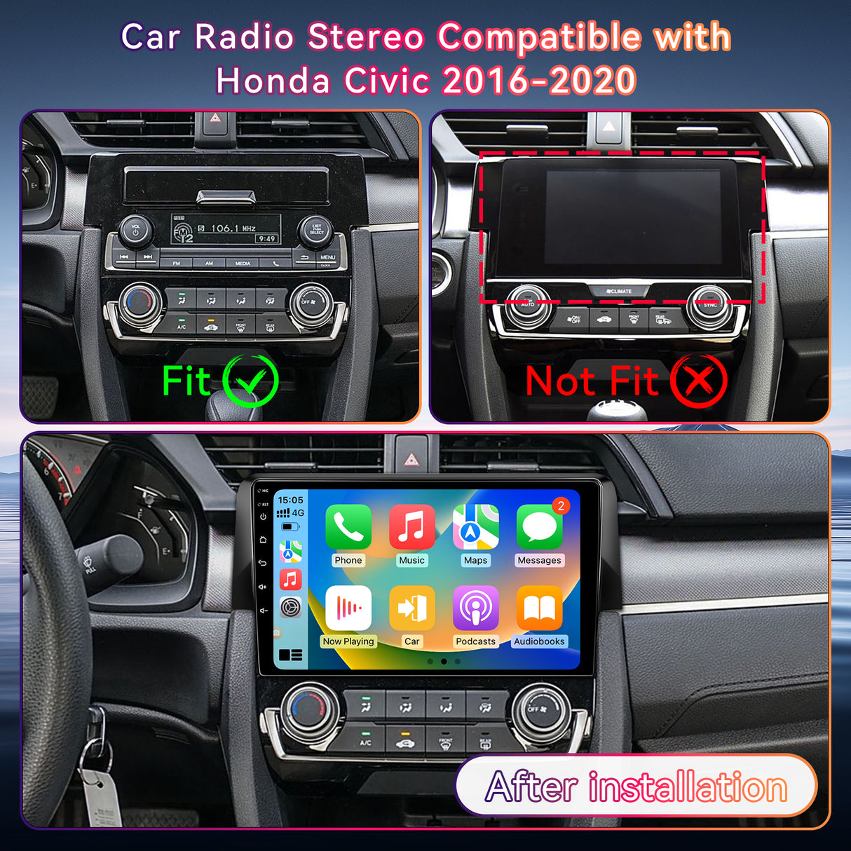 9'' Car Radio for Honda Civic 2016-2020 with Wireless CarPlay & Android Auto, 2G+64GB Android 13 Head Unit GPS Navigation, Plug & Play Car Stereo Upgrade, Voice Control, 4G LTE/5G WiFi