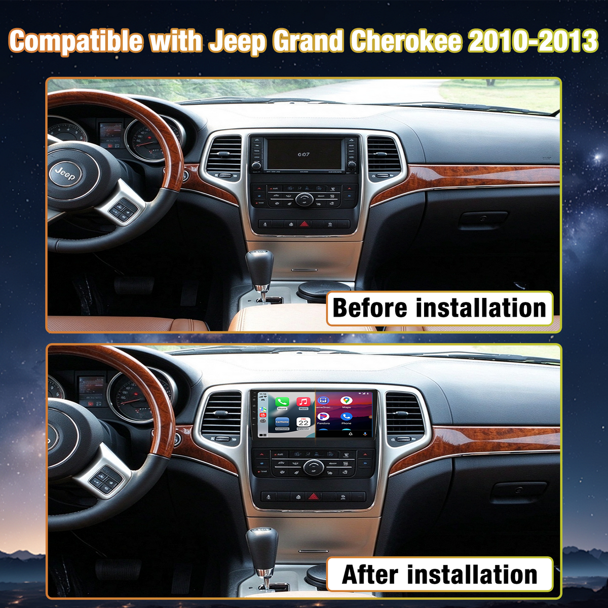 Android Car Stereo for Jeep Grand Cherokee 2010-2013, Wireless Apple Carplay & Android Auto, 2GB+64GB WiFi GPS Navi, Bluetooth 5.0, Steering Wheel Control, Touch Screen Car Head Unit