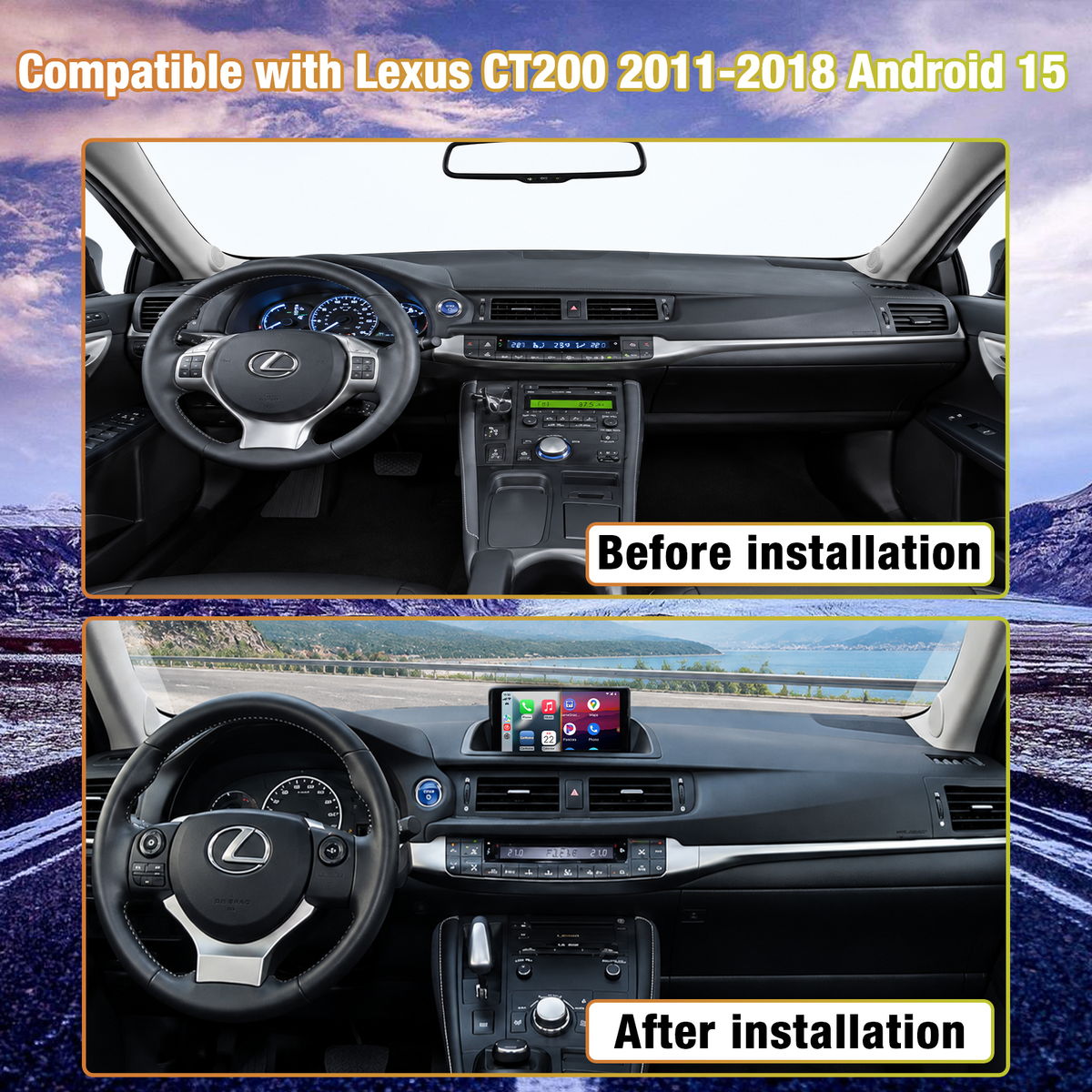 【4GB+64GB】for Lexus CT200 2011-2018 Android 15 Car Stereo with Wireless CarPlay & Android Auto, 9 Inch HD Touchscreen, Bluetooth, FM/RDS Radio, WiFi, GPS Navigation, SWC, AHD Rear View Camera