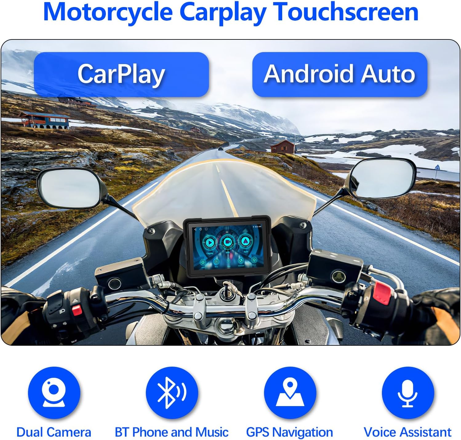 5 Inch Motorcycle Carplay/Android Auto Stereo, 64G, Dual Bluetooth.