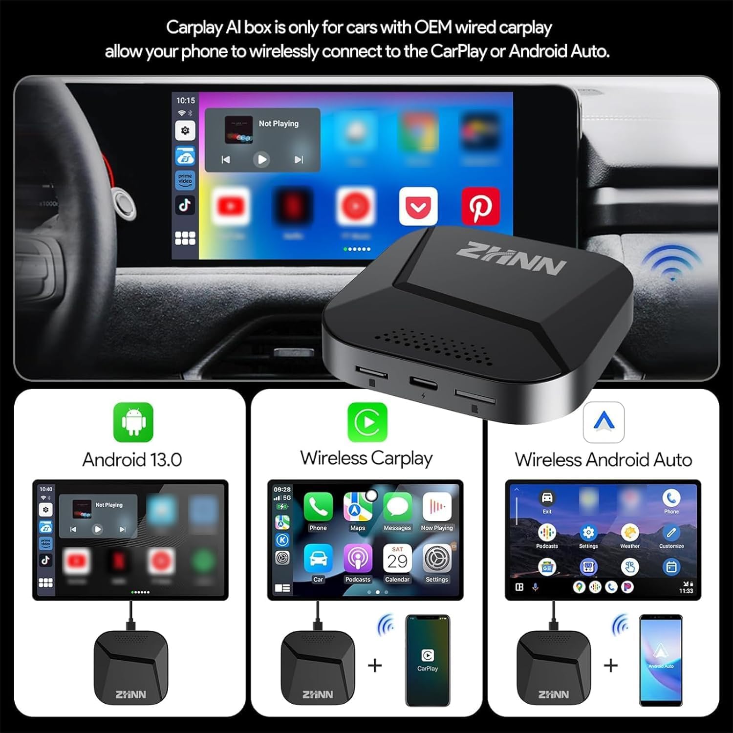 Carplay AI Box 8+128G Support SIM &TF Card and OEM Wired Carplay