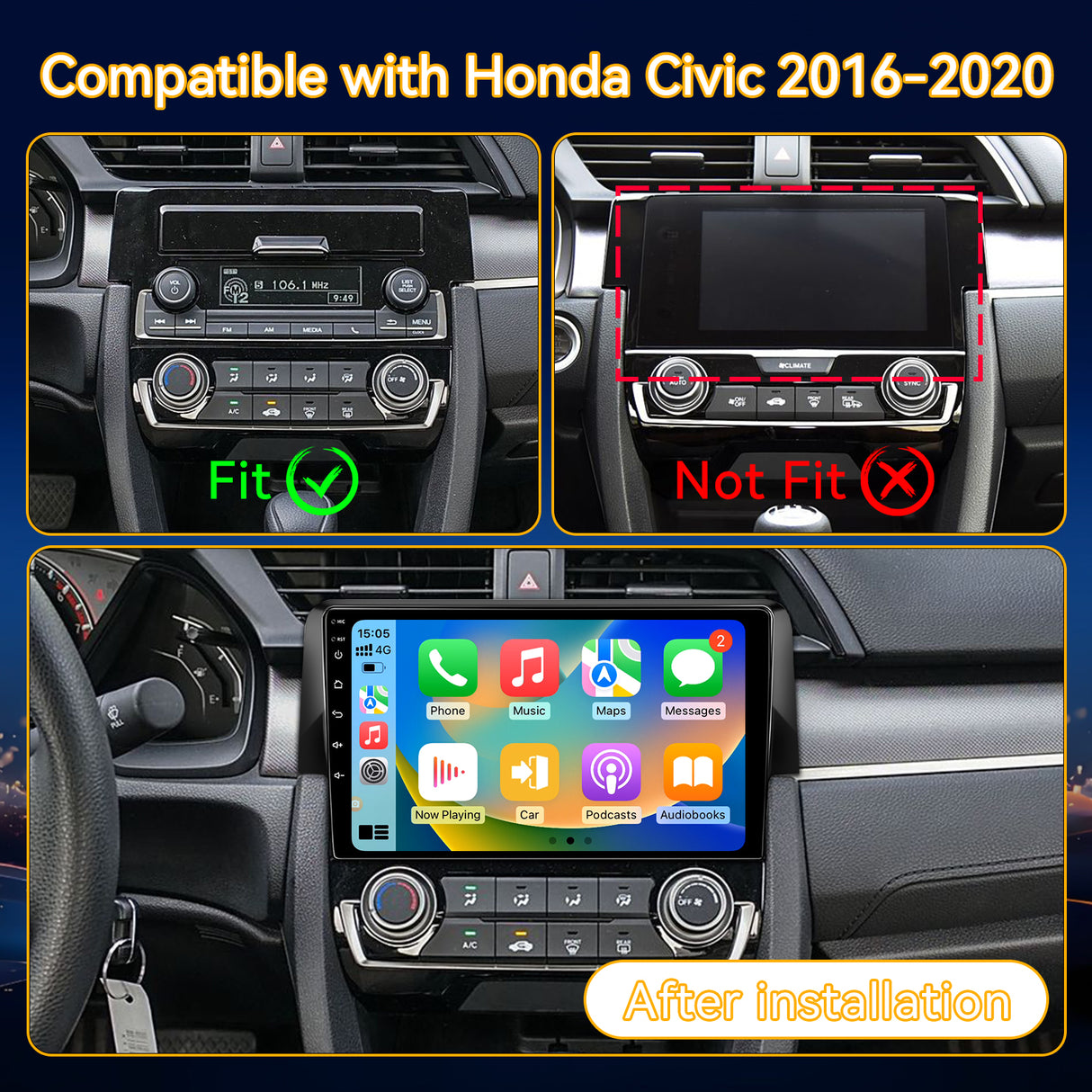 Car Stereo for Honda Civic 2016-2020 Upgrade Wireless CarPlay & Android Auto AHD Backup Camera GPS SWC FM WiFi Bluetooth