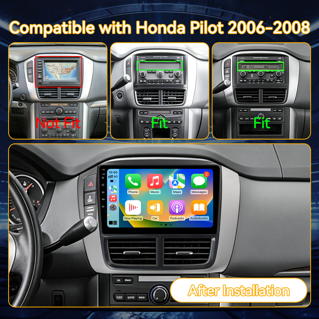 9-Inch Android 13 Car Stereo Head Unit for Honda Pilot 2006-2008, Wireless CarPlay&Android Auto, GPS Navigation, FM Radio, WiFi, Bluetooth, Reverse Camera, SWC, Wireless Sync, Engineer Help