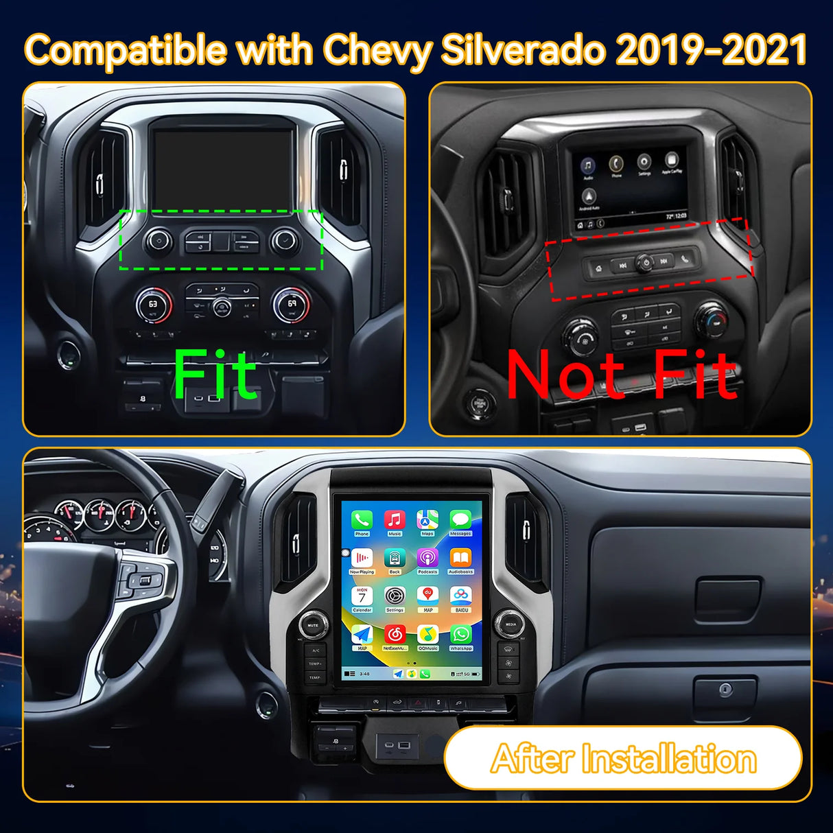 Car Radio 12.1" Qualcomm 8-core Android 13 for Chevy Silverado 2019-2021 with Dual Bluetooth CarPlay Android Auto GPS FM AM DSP Gyroscope Function